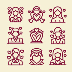 Male and Female Couples Valentine Day Monoline Icon Set Symbol Design illustration vector Emblem