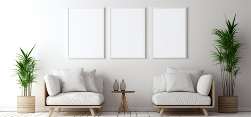 modern living room with two armchairs, plants in pots, three empty frames on the wall