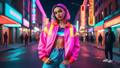 80s-style character in city: neon lights, vibrant outfit, retro vibes. Ai generation