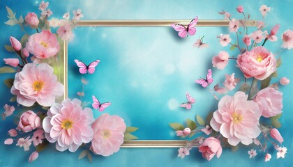 decorative blue background with pink flowers and butterflies frame for photo album mural with paper flowers horizontal wall art generative ai