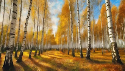 Photo sur Aluminium Bouleau horizontal autumn landscape with birch grove digital oil painting printable wall art