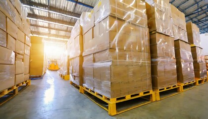 stacked of cardboard boxes wrapped plastic on pallet rack interior of storage warehouse shipping warehouse logistics industry cargo export import