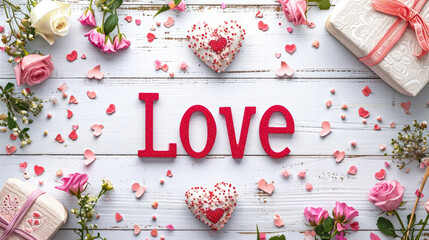 Love - Valentine's Day flatlay with hearts and flowers, in pink, red and white colors, whitewashed wood background