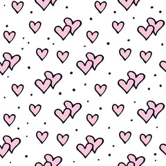 Seamless abstract pattern of small pink contour hearts. Hand drawn doodle background, texture for textile, wrapping paper, Valentine's day, romantic design