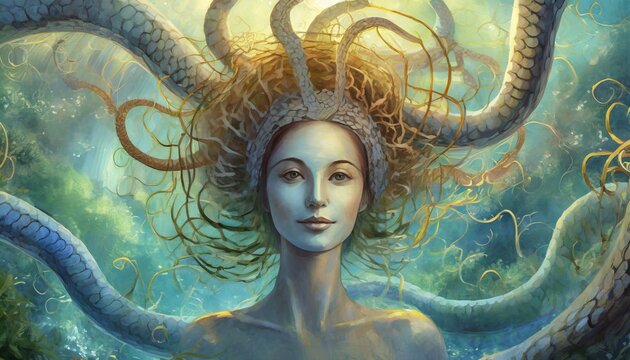 medusa with snakes for hair fantasy concept illustration painting generative ai