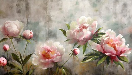 peonies flowers painted on a concrete grunge wall photo wallpaper wallpaper mural card postcard design in the modern loft style