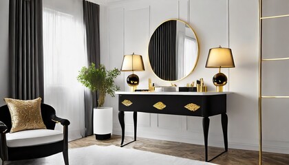 black and white luxury feel dressing table corner in modern scandinavian style with gold circular lamp decorated interior design concept scandinavian interior