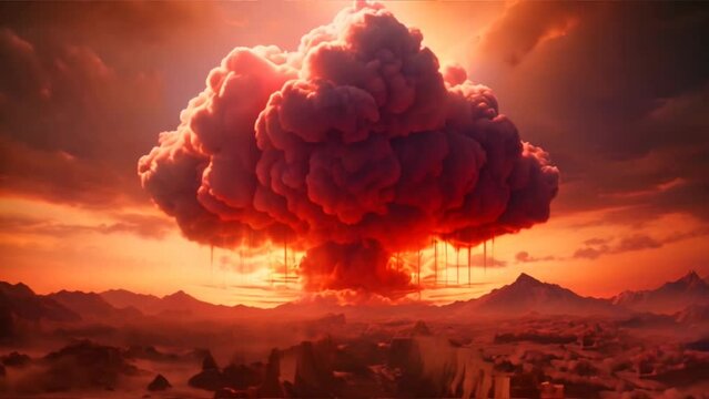 A dramatic explosion illuminates a desolate landscape, casting an intense glow that contrasts the dark, ominous clouds and rugged terrain. Atomic bomb in a world war 3 scenario