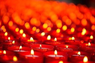 This image captures the serene beauty of numerous red candles glowing softly. The shallow depth of field creates a bokeh effect with the candles in the background, emphasizing the warm, calming