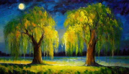 digital oil painting of two weeping willow trees at night impressionism impasto printable square wall art - obrazy, fototapety, plakaty