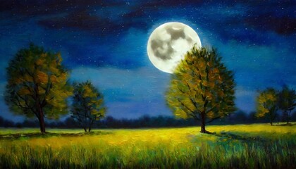 Fototapeta na wymiar digital oil painting of trees on a meadow at night under a full moon impressionism impasto printable square wall art