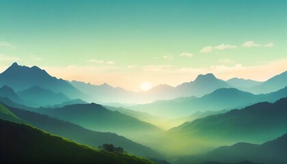 cyan and light green gradient sunset mystical minimal valley mountain landscape phone hd background wallpaper ai generated