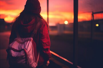 A lone traveler stands at a bus stop during a vibrant sunset, her back to the camera. She wears a red jacket, dark beanie hat, and carries a white backpack, encapsulating a sense of adventure against