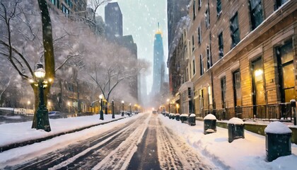 snowy winter street scene looking down 3rd avenue in the east village of manhattan during a...