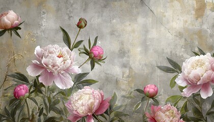 flowers painted on a concrete wall peonies on the wall grunge texture photo wallpaper mural wallpaper design for walls