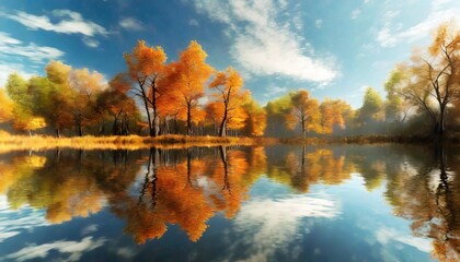 autumnal reflection of trees in the water