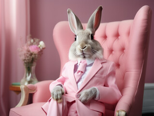 A cute fashion bunny sitting and posing in a pink chair. Creative Easter concept