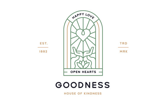 Goodness heart heads Label. Minimalist line art logo template. Simple modern design line graphic goodness heart hands badge. Symbol line icon goodness heart hands sign. Vector Illustration