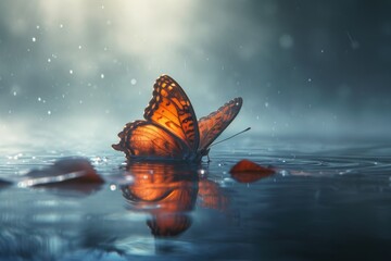 Fototapeta na wymiar Close up orange Butterfly glowing wings sitting on autumn puddle under rain