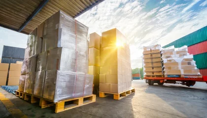 Foto op Plexiglas package boxes wrapped plastic stacked on pallets loading truck at dock warehouse cargo container distribution supplies warehouse shipping supply chain shipment freight truck logistic transport © Enzo