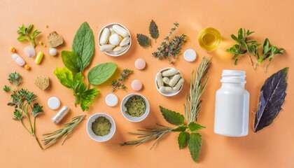 Fototapeta na wymiar different pills and herbs on pale orange background flat lay dietary supplements