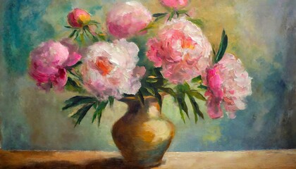 digital oil painting of pink peonies flowers in a vase impasto retro style still life vertical printable wall art original artwork