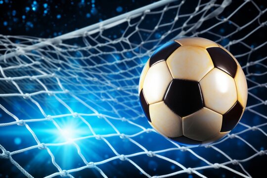 This dynamic image captures a classic black and white soccer ball as it impacts the back of the goal net, with a powerful sense of movement against a brilliant blue light in the background which