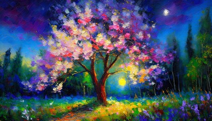 printable digital oil painting of a beautiful blooming tree in the forest at night modern impressionism impasto generative ai