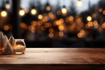 empty wooden table with bokeh lights on background. can use for display product