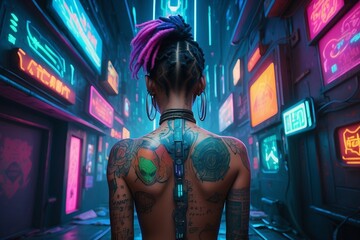 Afrofuturistic Aura: Stunning Black Woman in Cyberpunk Streetwear Amidst Neon City Lights