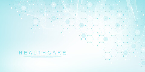 Abstract biology and pharmaceutical technology background. Health care and medical background with hexagons shapes. Flowing wave lines and hexagons. Vector illustration