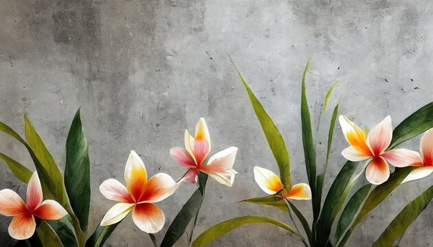 drawn tropical exotic flowers on the concrete gray wall floral background for wallpaper photo wallpaper mural postcard card loft modern classic design