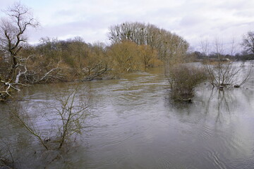 Leine flood on January 7, 2024, near Hanover Lower Saxony, Germany.