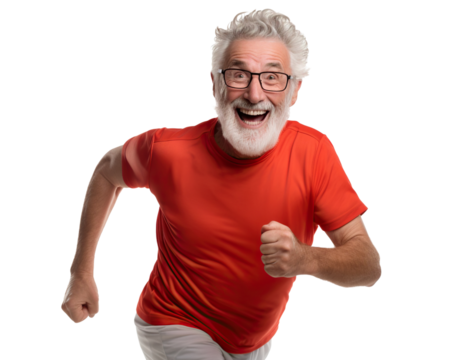Happy middle-aged man jogging, cut out