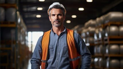 Fototapeta premium Male professional holding hardhat while standing with hand in pocket at warehouse