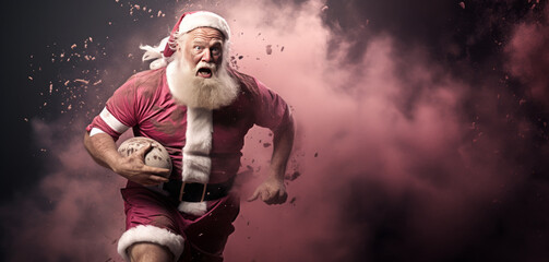 Santa Claus playing rugby on pink background with colored hair and cloak. Training after the holidays