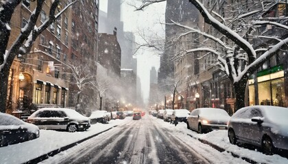 snowy winter street scene looking down 3rd avenue in the east village of manhattan during a...