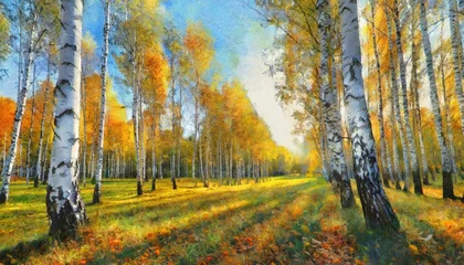 Fototapeten horizontal autumn landscape with birch grove digital oil painting printable wall art © Enzo