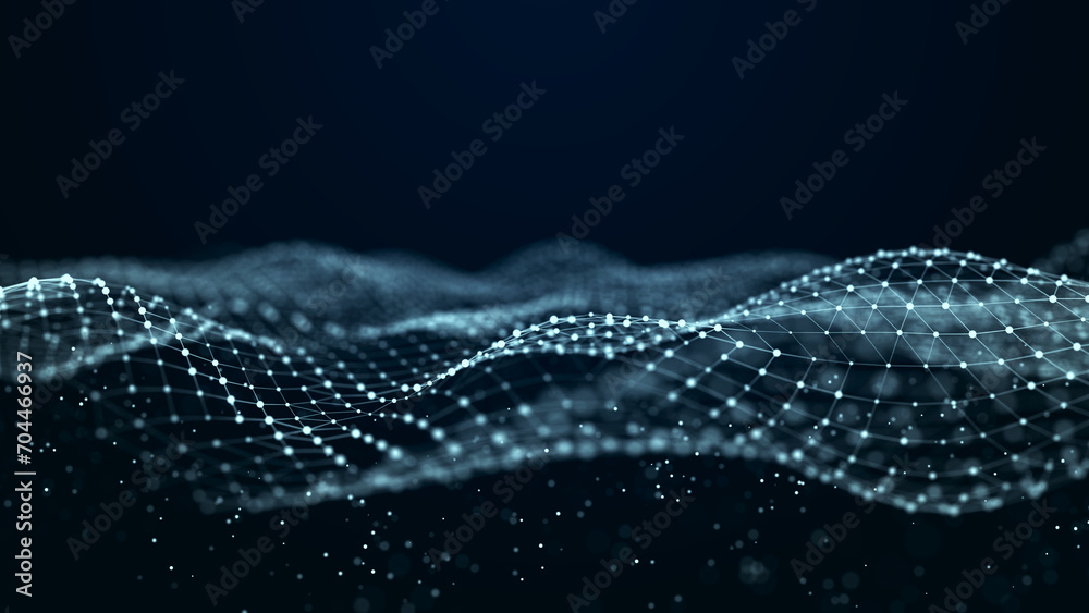 Poster abstract glitter particles in dark space. network data transfer concept. 3d rendering.