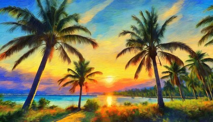 Fototapeta na wymiar tropical landscape with palm trees at sunset digital oil painting printable square artwork