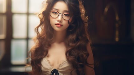 Photo of cute japanese woman, she wears glasses, she wears satin dress, 