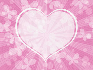 Vector spring pink valentine frame with white big heart, beams and white butterflies and bokeh effect
