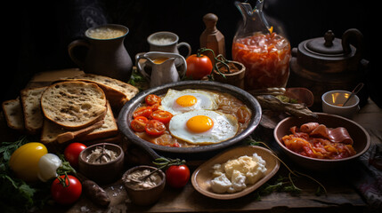 Traditional Romanian breakfast, food, meal, dish, cooking, restaurant, delicious, cuisine, grill, plate, gourmet, eggs, sousace, bacon, meat, pork, grilled, fried, sauce, cooked, landscape format 16:9