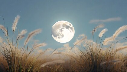 silver grass and the moon full moon moon viewing generative ai - obrazy, fototapety, plakaty