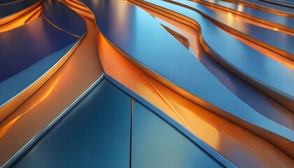mage of a pattern with colors in the style of rendered in cinema4d opaque resin panels light indigo and orange curved mirrors metallic finishes interlocking shapes smooth lines