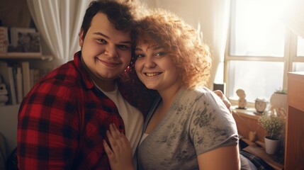 Portrait of chubby teenage happy smiling couple looking at the camera from the bedroom,