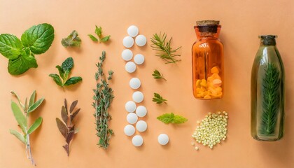 different pills and herbs on pale orange background flat lay dietary supplements