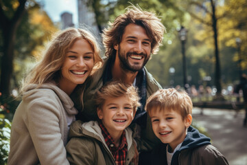 portrait of a happy family in the street 