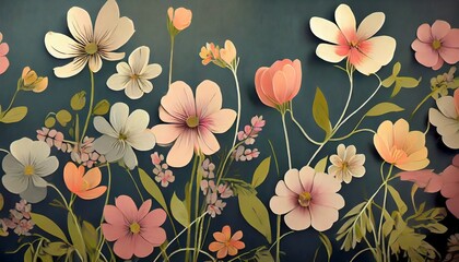 graphic wildflowers painted on dark colorful wall floral background in loft modern style design for wall mural card postcard wallpaper photo wallpaper