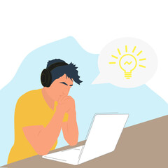 Idea. Technician in headphones at workplace. Man working with laptop at computer desk. Software developer, programmer or system administrator with a PC.